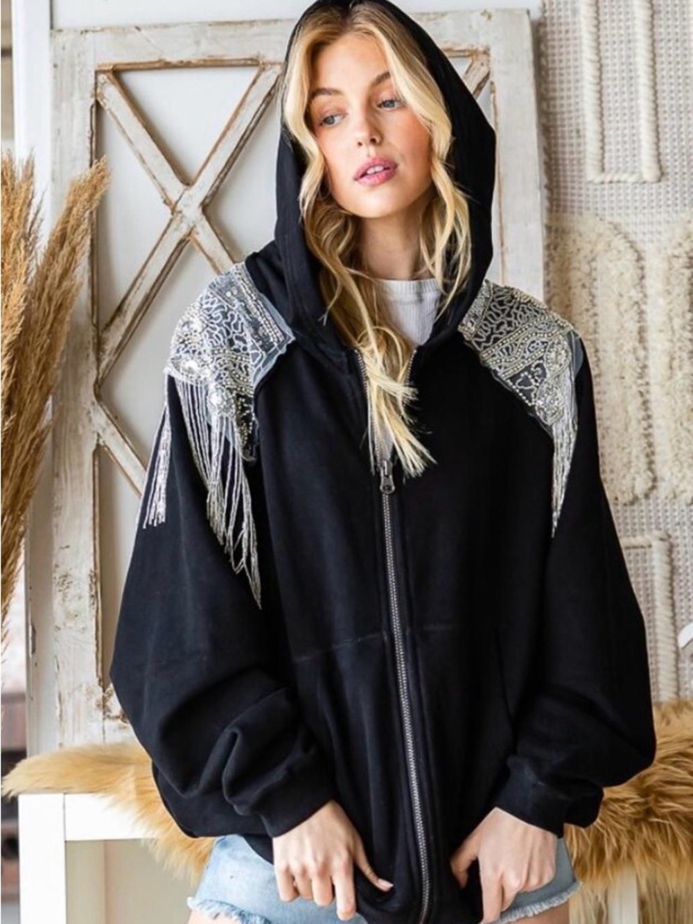 Oli & Hali Black Zip Hoodie with Silver Bead Fringe